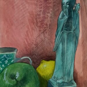 Still life with apple, lemon and Oriental statue. Original artwork