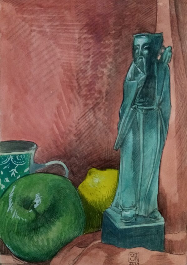 Still life with apple, lemon and Oriental statue. Original artwork